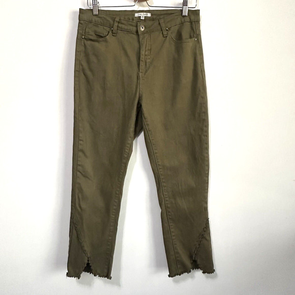 John Mark Cropped Jeans 10 Raw Split Hem Army Green Stretch Casual Pants 31x26 - Picture 1 of 8